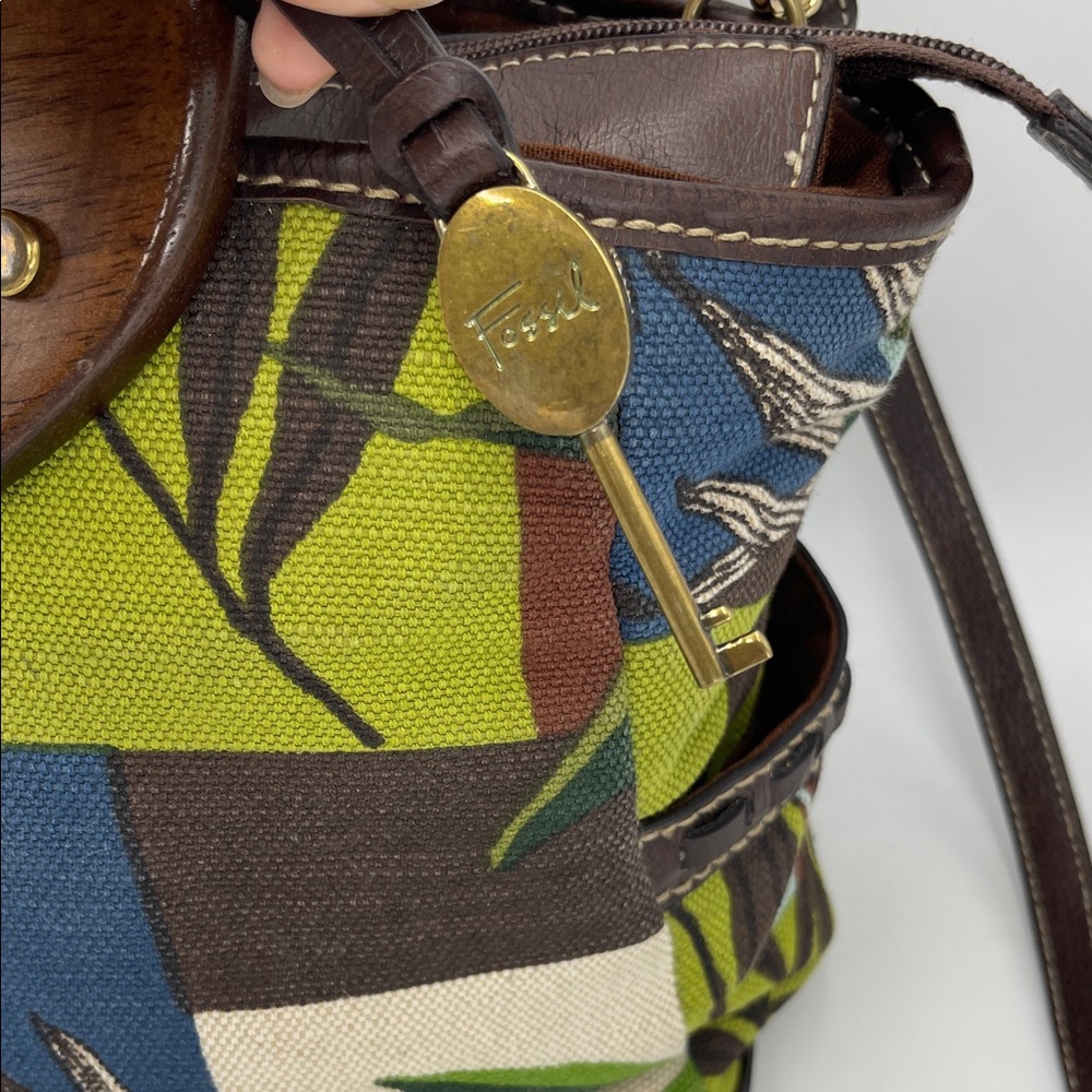 Fossil Flower Canvas, Leather & Wood Top Handle Or Detachable Shoulder Strap - Picture 2 of 9